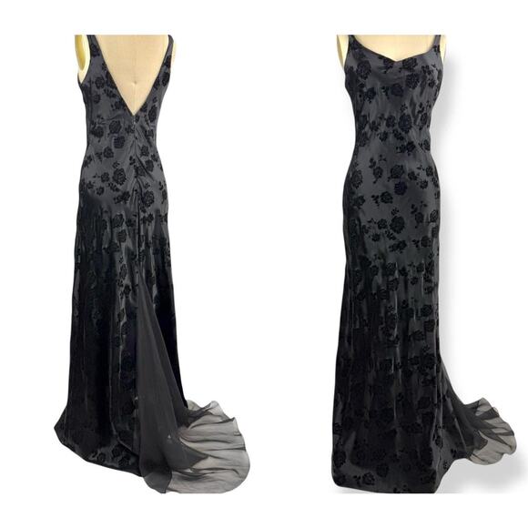 Vintage Goth Black Satin Velvet Rose Long Gown Train Zum Zum Niki Livas Size 10 - Picture 15 of 15